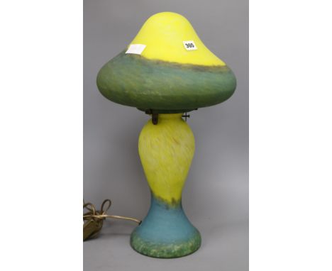 A Daum style glass mushroom shaped lamp and shade height 52cm