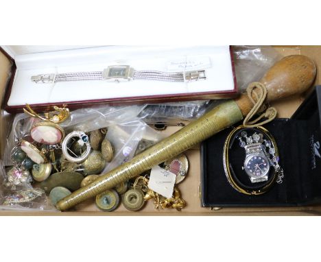 A quantity of assorted costume jewellery, a ring sizer and military buttons.