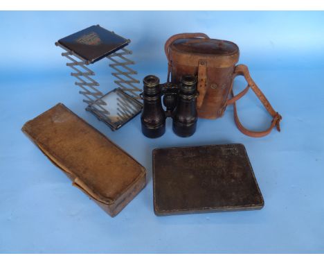 A Pair of WW1 Army Issue Binoculars in a case with a Military Mirror, Pocket Periscope and a Leather Map Case