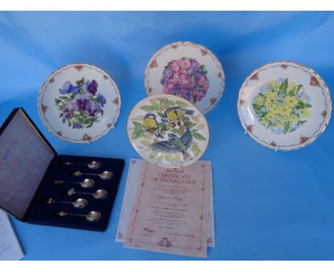 3 Royal Albert  Queen Mother  Plates and a boxed set of 6 Silver Plated Jubilee Spoons