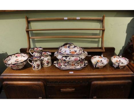 A quantity of Masons Ironstone 'Mandalay' pattern, to include; a soup tureen with cover, stand &amp; ladle, three graduated j