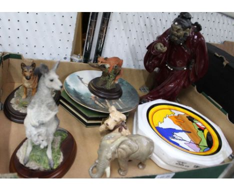 A box containing a selection of collectable figurines, Wedgwood limited-edition Clarice Cliff design plate, etc. 