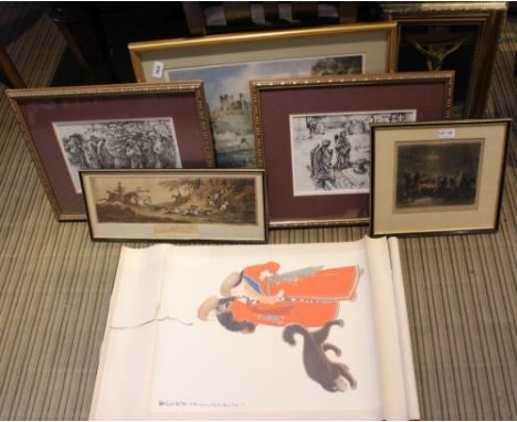 A selection of decorative pictures and prints to include hunting subjects and an Oriental scroll 