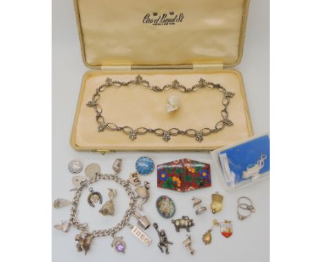 A collection of silver items to include a boxed Ciro, marcasite necklet, charm bracelet, micro mosaic panel, carved mother of