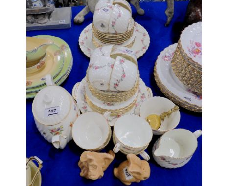 A Mintons pink rose decorated twelve place teaset with two cake plates, milk jug, sugar bowl and a Marlow pattern teapot etc 