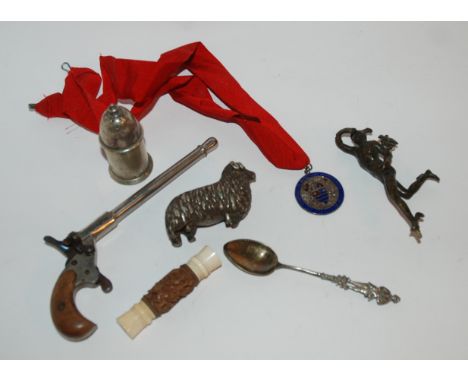 A vintage starting pistol, silver and enamel City of York medal, white-metal ram etc Condition Report: Available upon request
