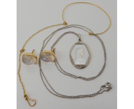 A pair of bright yellow metal mounted moonstone stud earrings a French 18k hallmarked length of chain and wire weight combine