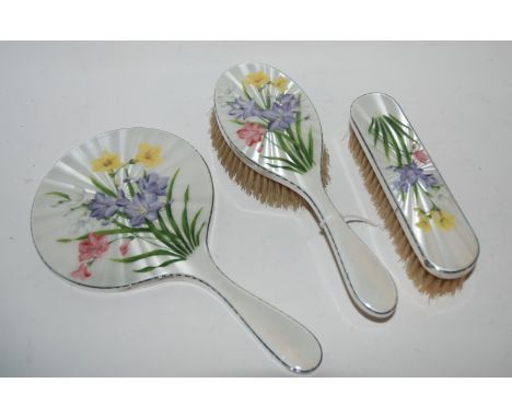 A 3 piece silver &amp; floral enamel dressing table set London 1900 Condition Report: Available upon request