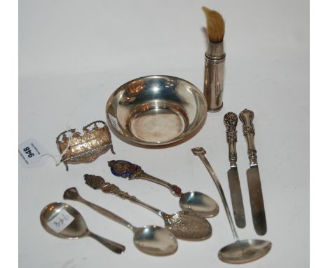 A lot comprising a silver bowl, Sheffield 1900, a continental silver miniature settee, a caddy spoon &amp; assorted cutlery 2