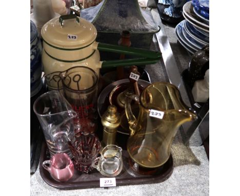 A Horlicks mixing jug, a Dartington glass carafe, ruby flashed vase and other items Condition Report: Not available for this 