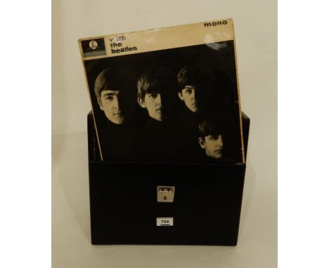 A box of Beatles vinyl LP records with The Beatles (White Album), Abbey Road, with the beatles, 1962-1966, 1977-1970, The Bea