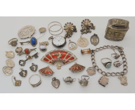 A Danish silver ring by Herman Siersbol set with a blue glass cats eye gem, Siam silver enamel brooch and earrings and other 