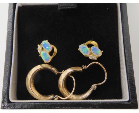 A pair of 18ct gold opal and diamond stud earrings, weight 1.4gms together with a pair of vintage 9ct creole earrings weight 
