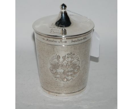 A white metal tea caddy with floral cartouche, inscribed "Kerstine-Marie bronsdorp, the lid inscribed "to Edna with love Durr
