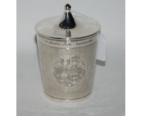 A white metal tea caddy with floral cartouche, inscribed "Kerstine-Marie bronsdorp, the lid inscribed "to Edna with love Durr