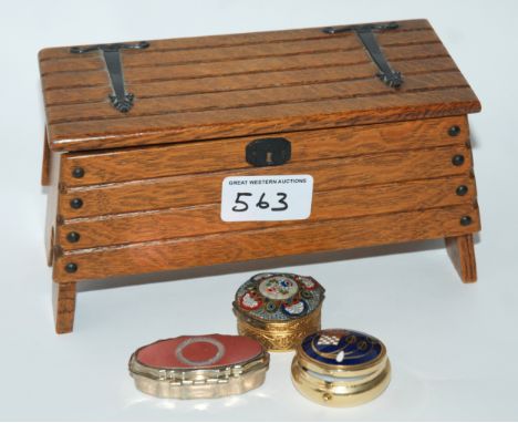 A gilt-metal and micro mosaic pill box, two other boxes and oak trinket box, 18cm wide Condition Report: Available upon reque