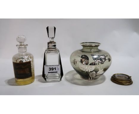 An Art Deco scent bottle with silver and enamel neck, an antique Otto de Rose perfume bottle, a silvered pot decorated with a