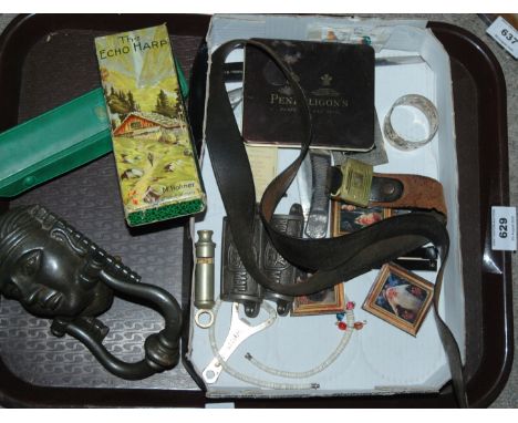 A tray lot including Hohner Echo Harp, another, J. Hudson &amp; Co whistle, door knocker Condition Report: Available upon req