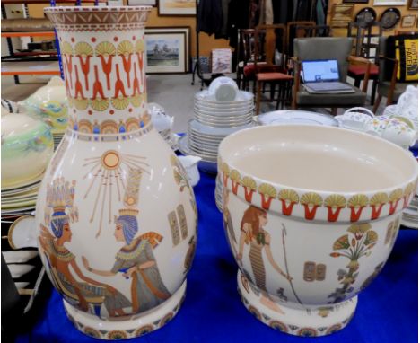 An Egyptian themed vase and matching planter Condition Report: Available upon request