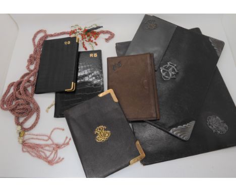 A vintage Hermes crocodile black leather bill fold with 14k gold corners and initials, two French leather wallets with 18ct g