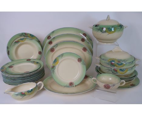 A CLARICE CLIFF FOR WILKINSON LTD DINNER SERVICE in Morning pattern, comprising four oval platters, soup tureen and cover, tw