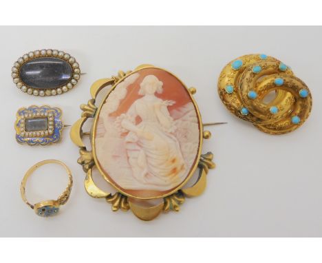 Two mourning brooches and engraved 1810, a bright yellow metal enamel and diamond ring (af)a yellow metal turquoise set brooc