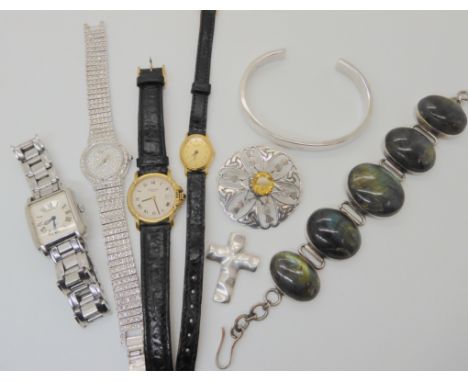 A silver John Hart brooch set with a citrine, a silver bangle, three Raymond Weil watches and other items of jewellery and wa