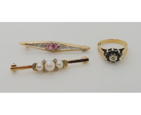 A 9ct pink gemstone and diamond brooch, a 9ct gold pearl and diamond brooch, and a 9ct retro sapphire and diamond flower clus