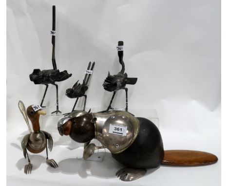 A Dean Patman sculpture of a beaver, another of a bird and three metal birds, made up from metal tools Provenance: The Late D