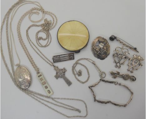 A silver guilloche enamel compact, a silver Ward Brothers thistle brooch, a Robert Allison Luckenbooth brooch and good silver