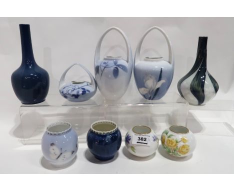 A collection of Royal Copenhagen porcelain including two vases, handled vases, flower painted pots etc Condition Report: Hand