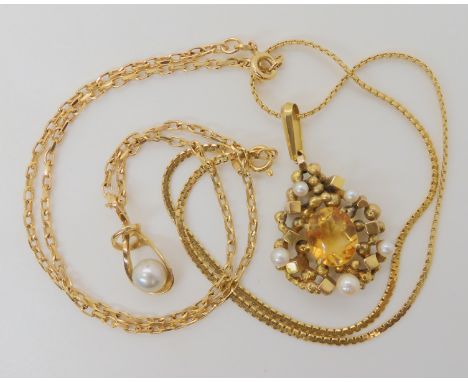 A 9ct gold citrine and pearl retro pendant by Deakin &amp; Francis with a 9ct gold fancy chain, weight 12.9gms and a 14k pear
