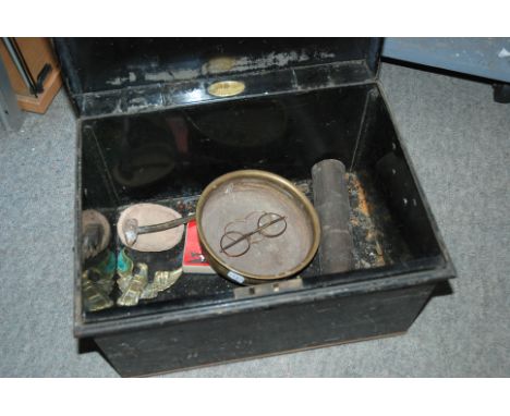 A metal deeds box, vintage spectacles (def) etc Condition Report: Available upon request