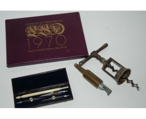 Vintage corkscrew, novelty bottle opener, various coins etc Condition Report: Available upon request