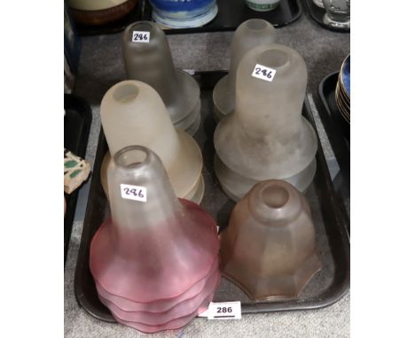 Four Cranberry and clear frosted glass light shades, and various other shades Provenance: The Late Dr Helen. E. C. Cargill Th