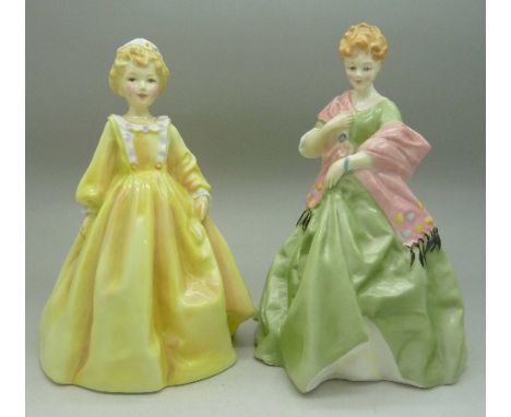 Two Royal Worcester figures modelled by F.G. Doughty, Grandmother's Dress 3081 and First Dance 3629