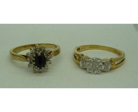 A 9ct gold and five stone diamond illusion set ring and a 9ct gold, blue stone and cubic zirconia cluster ring, weight 4.5g, 