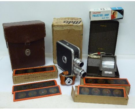 Magic Lantern slides, an Aldis slide viewer, a motion picture camera, etc.