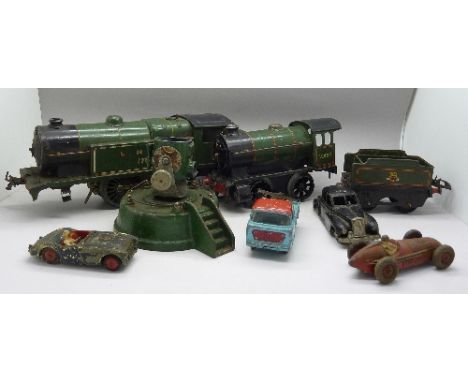 A collection of model rail, die-cast vehicles and a spot light, a/f