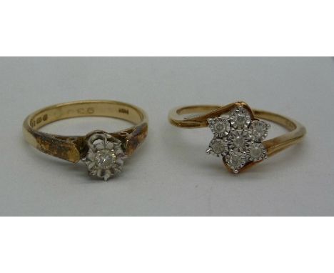 A 9ct gold cluster ring and a 9ct gold solitaire diamond ring, weight 4.4g, sizes O and K