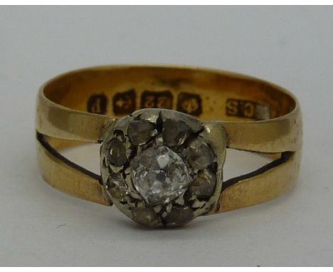 A 22ct gold and diamond cluster ring, weight 4g, size P, hallmarked Birmingham 1864