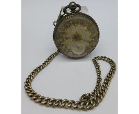 A silver pocket watch with silver dial and silver Albert, weight of chain 25g