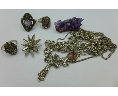 A Blue John specimen, a Blue John and marcasite ring and a silver and Blue John pendant and chain, plus silver jewellery