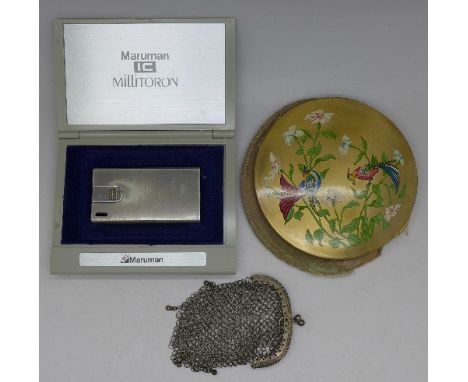 A large Stratton compact, a Maruman lighter and mesh purse