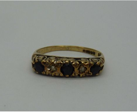 A 9ct gold, sapphire and diamond ring, weight 1.8g, size K