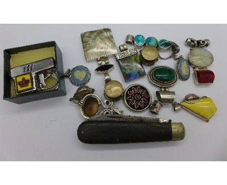 A pocket knife, silver jewellery and a novelty miniature lighter