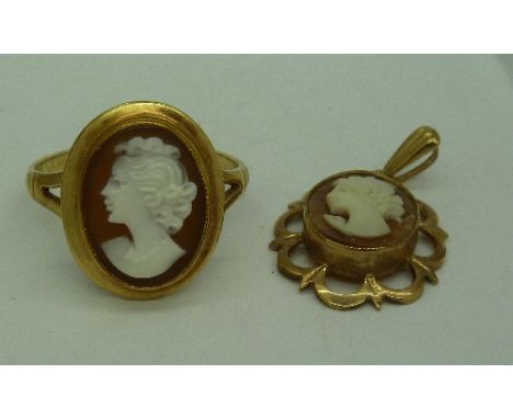 A 9ct gold cameo ring and pendant, weight 5.1g, ring size S