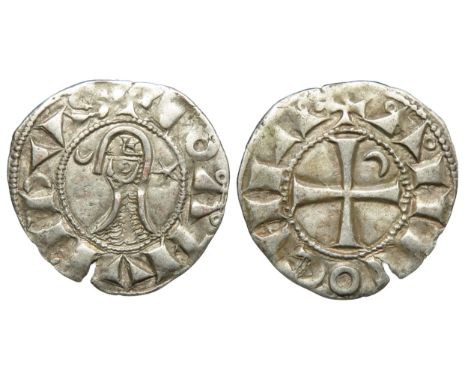 Bohemond III denier, Antioch. 1163-1201 AD. Helmeted head left, star to right; inverted crescent to left. +BOAMVDVS. R. Cross