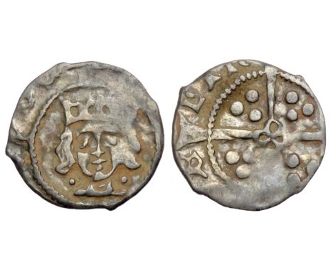 Edward IV Irish penny. First cross and pellet coinage, 1465 AD. Dublin. Silver, 0.59g. 14mm. Crowned facing bust, pellets by 