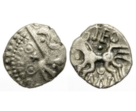 Dobunni ANTED silver unit. Circa 1st century BC-1st century AD. Silver, 1.16g, 13mm. Head right, pellet triands for hair, sta